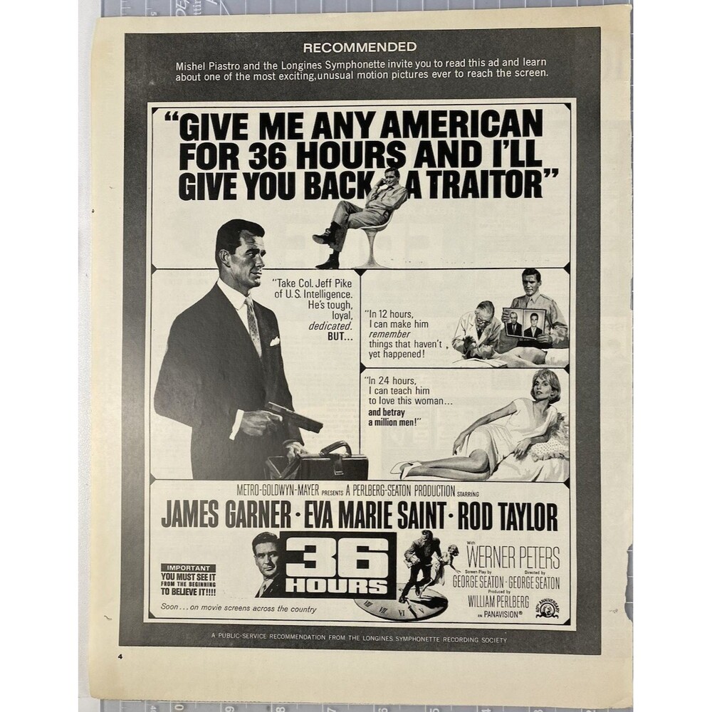 James Garner "36 Hours" Movie Print Ad Circa 1964 Eva Marie Saint-Rod Taylor